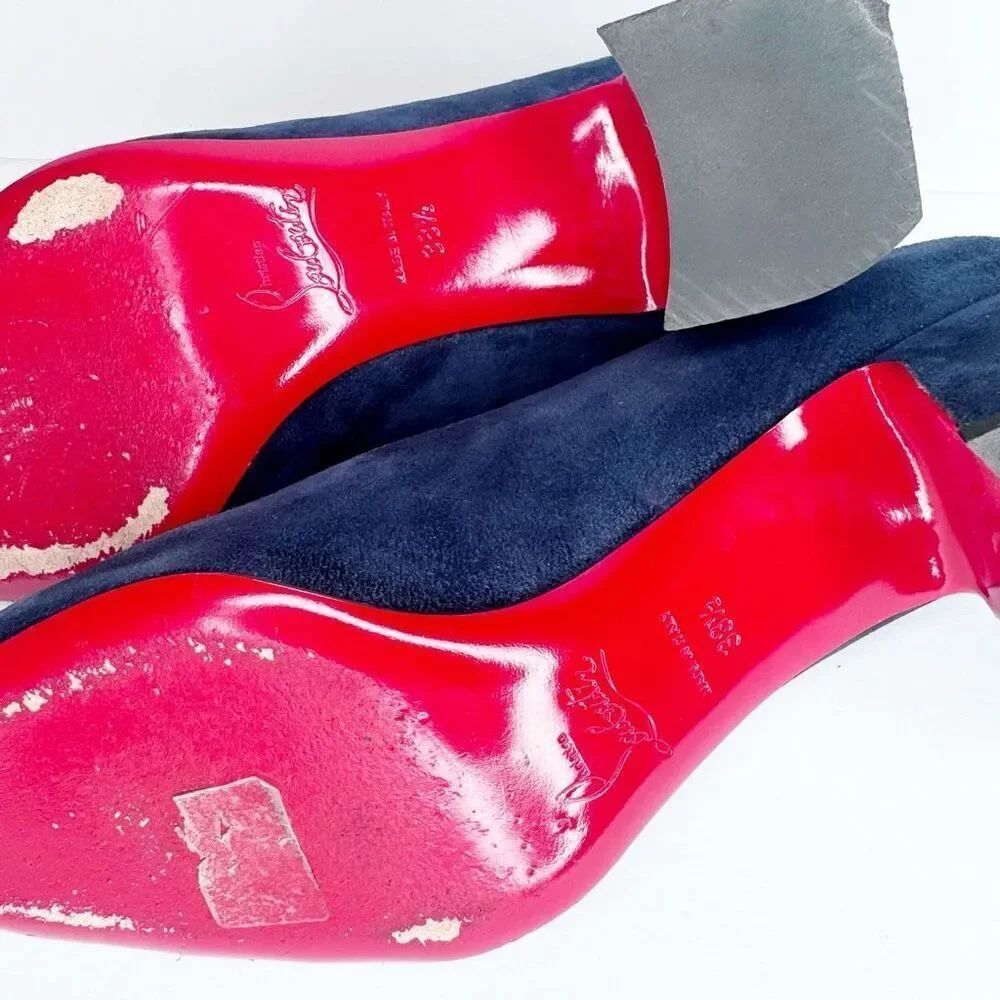 Christian Louboutin Donna Stud 55 Veau Velours Blue Suede Block Heel Pump 38.5 - Picture 9 of 9